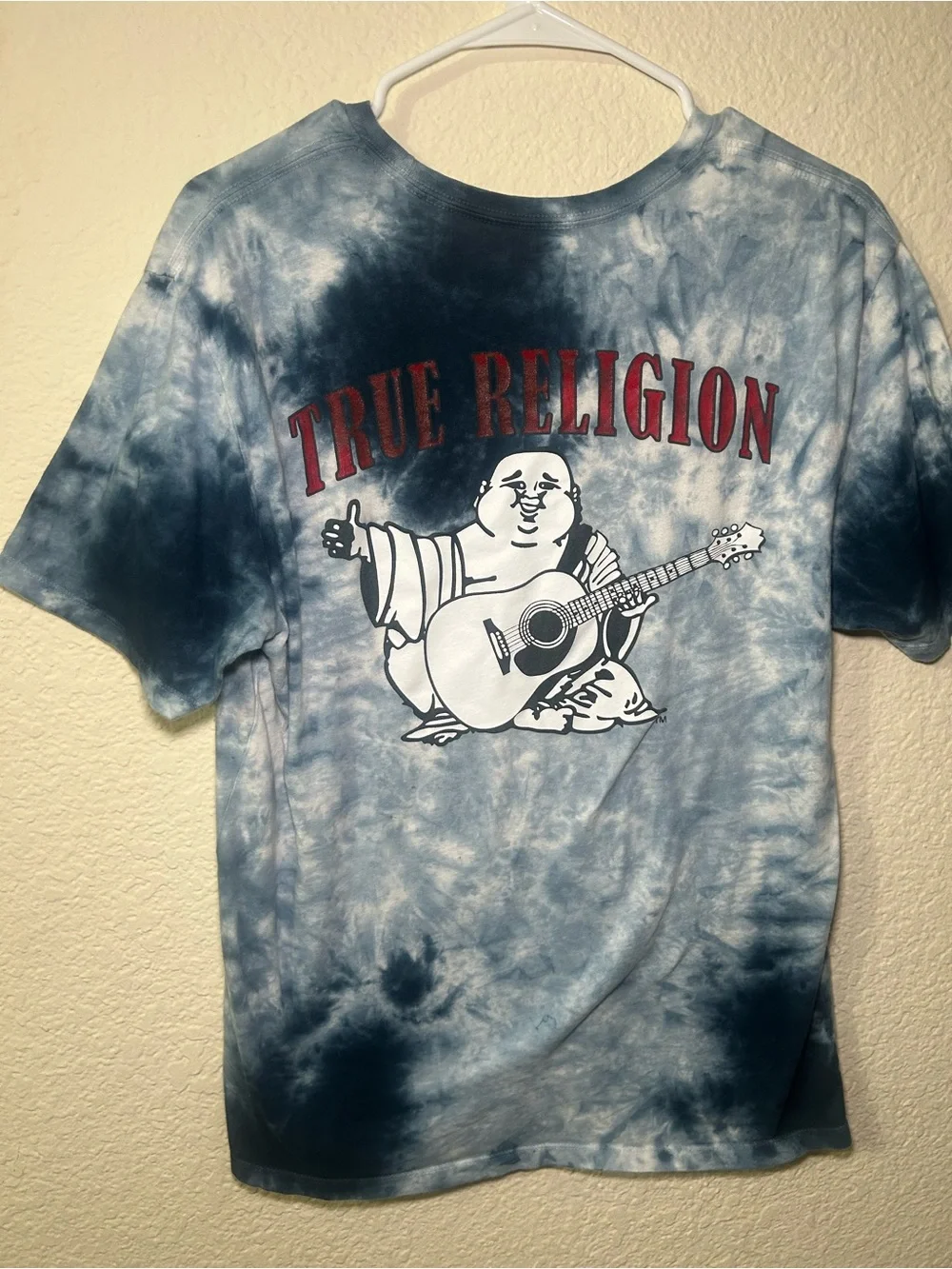 True Religion Blue and White Tie-Dye Buddha Graphic Tee Short Sleeve Urban Mediu